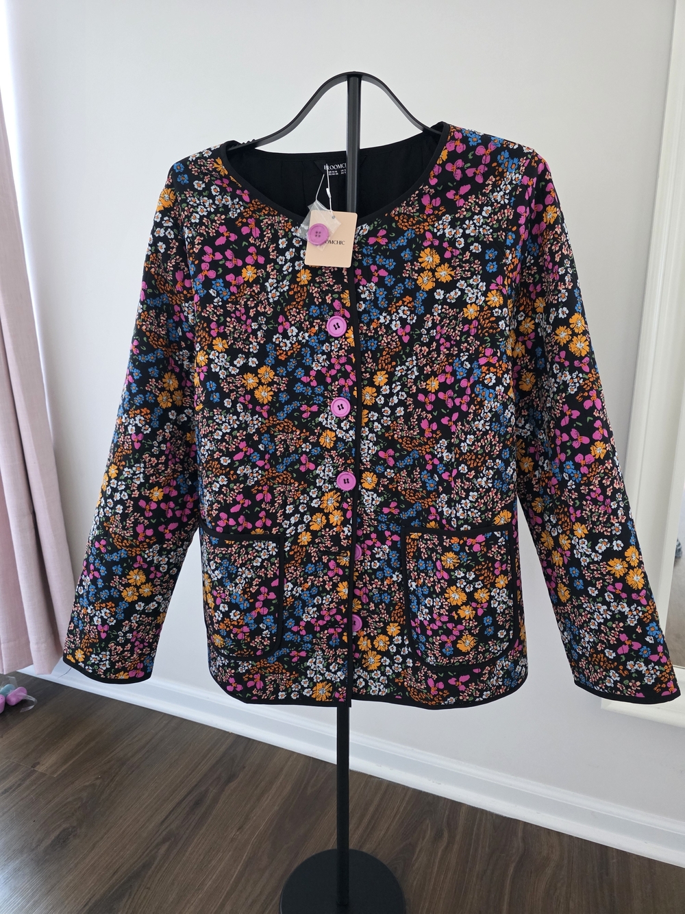 NWT BloomChic Black Quilted Floral Jacket with Pink & Yellow
